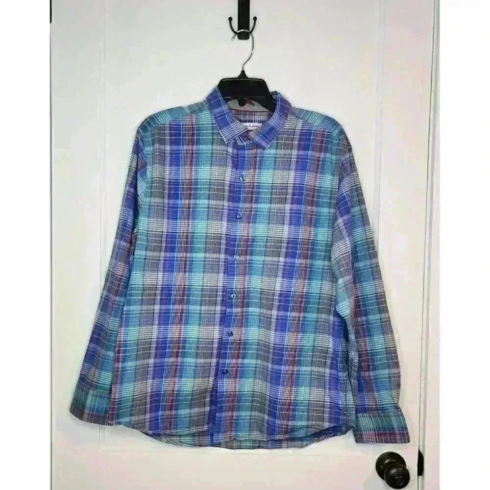 Tommy Bahama Men’s Multicolored Plaid Long Sleeve Button Up Shirt Size Large Sil